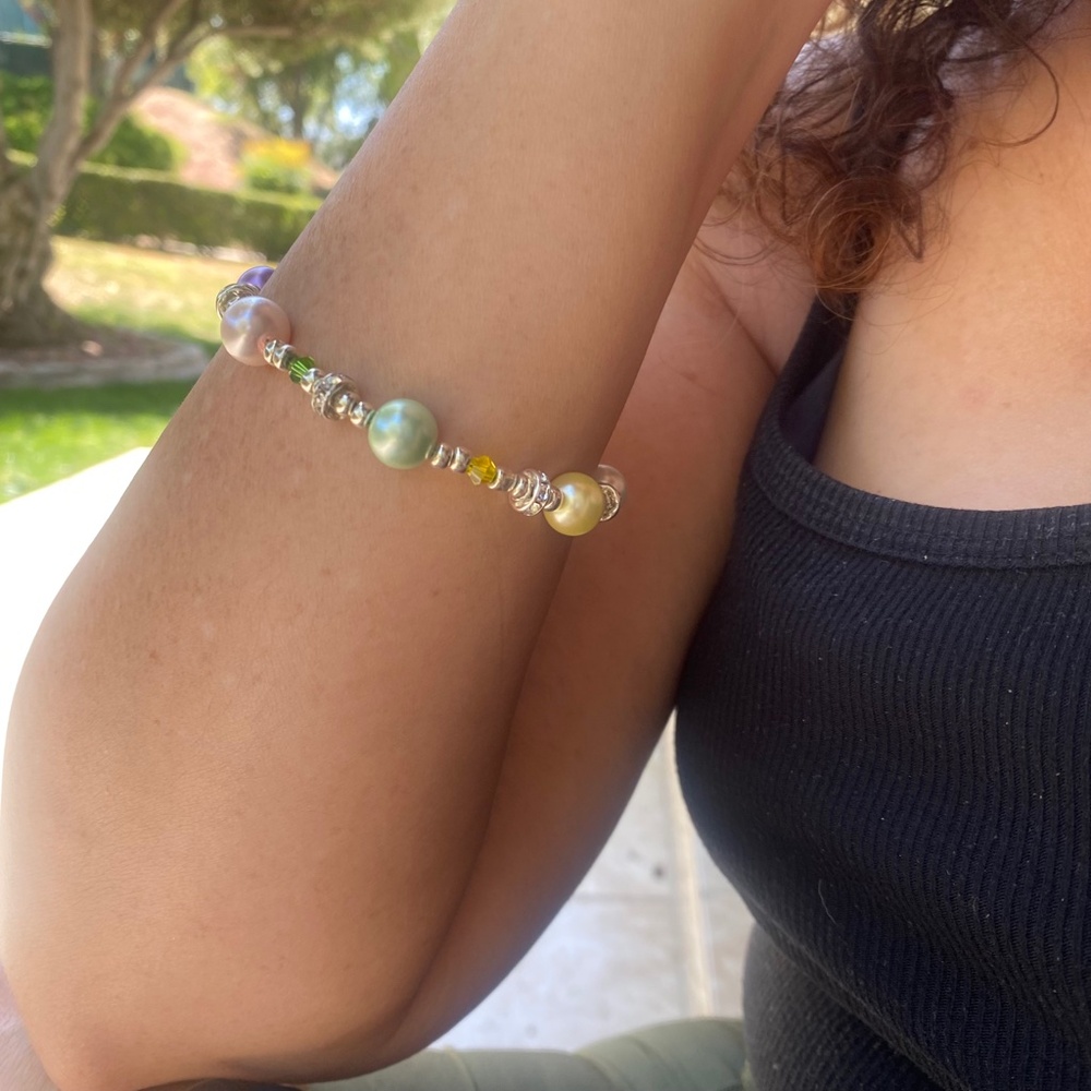 Pastel Beads & Crystal Rondelle Silver Tone Beaded Bracelet